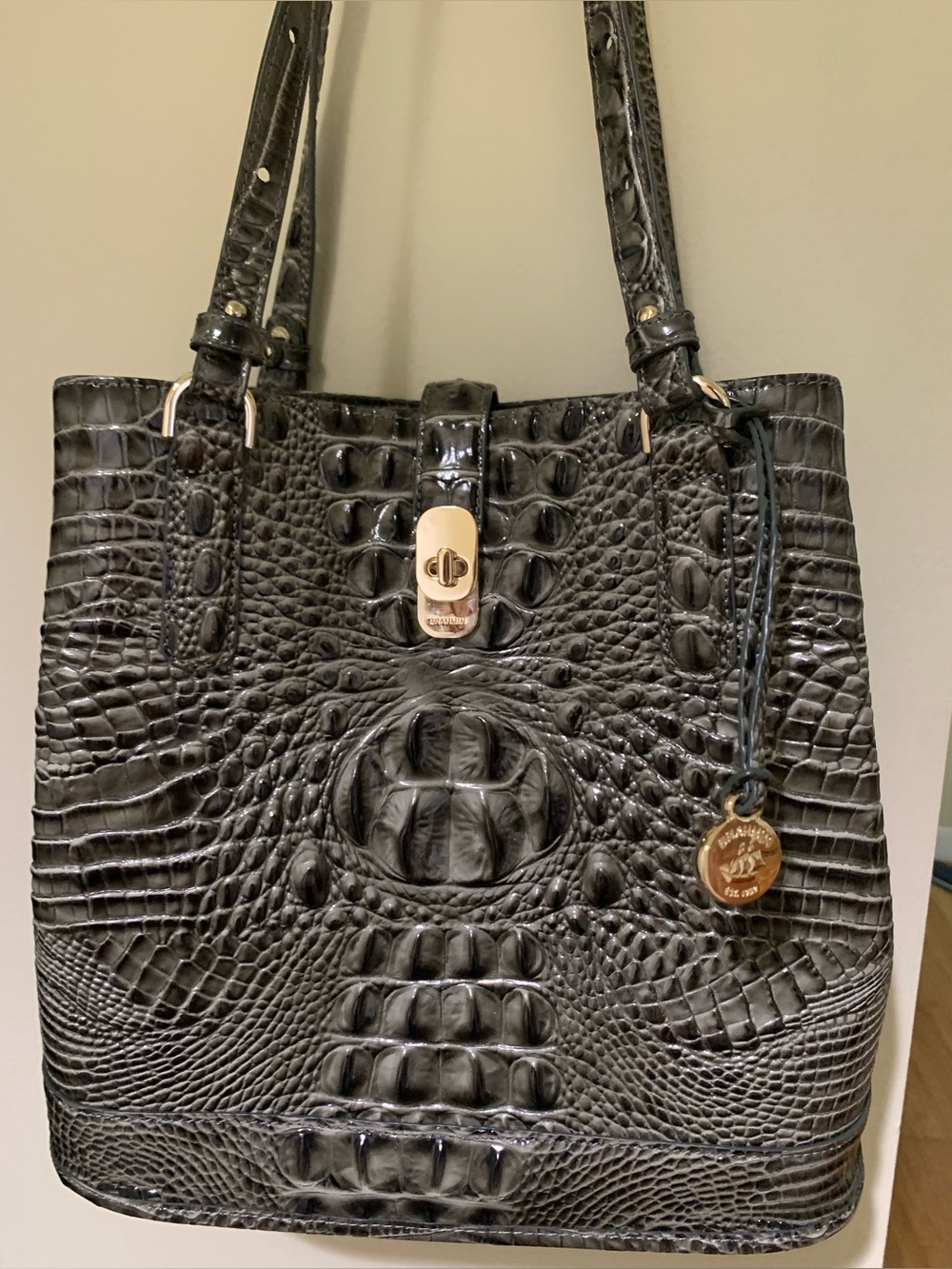 Brahmin Hunter Green Croc-Embossed Melbourne Bucket Bag, Gold Accents, dust bag - Picture 3 of 10